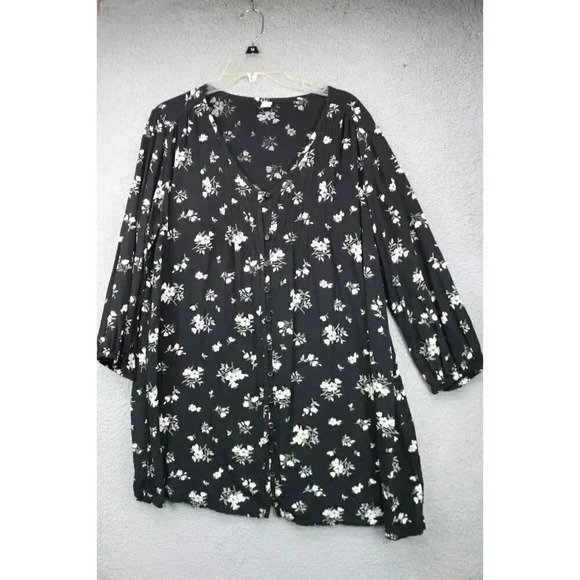 Old Navy Button Up Long Sleeve Dress-Size Large-Florals-Oversized-Pintucks - Picture 1 of 8